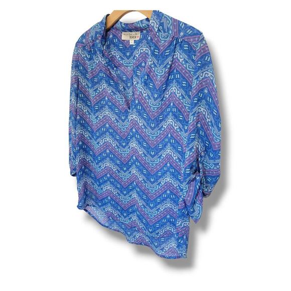 Derek Heart Women’s Blue Chevron Semi-Sheer V-Neck Long Sleeve Blouse | Size M - Picture 4 of 8